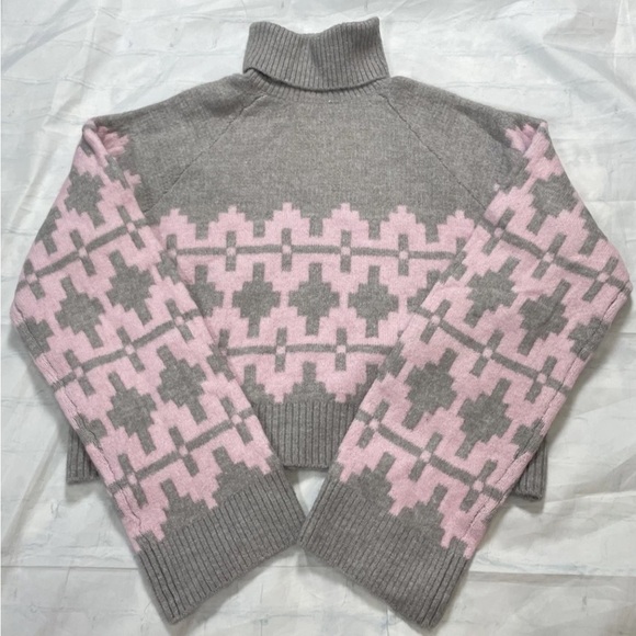 NEW H&M Jacquard Gray & Pink Fair Isle Turtleneck Sweater Women’s S Cropped - Picture 12 of 15